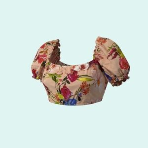 Privacy Please Floral Puff Sleeve Crop Top Peach Multi Square Neck Ruffle Small